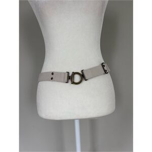 Minimalist Beige Woven Belt with Antique Brass Circular Toggle Buckle Size 8